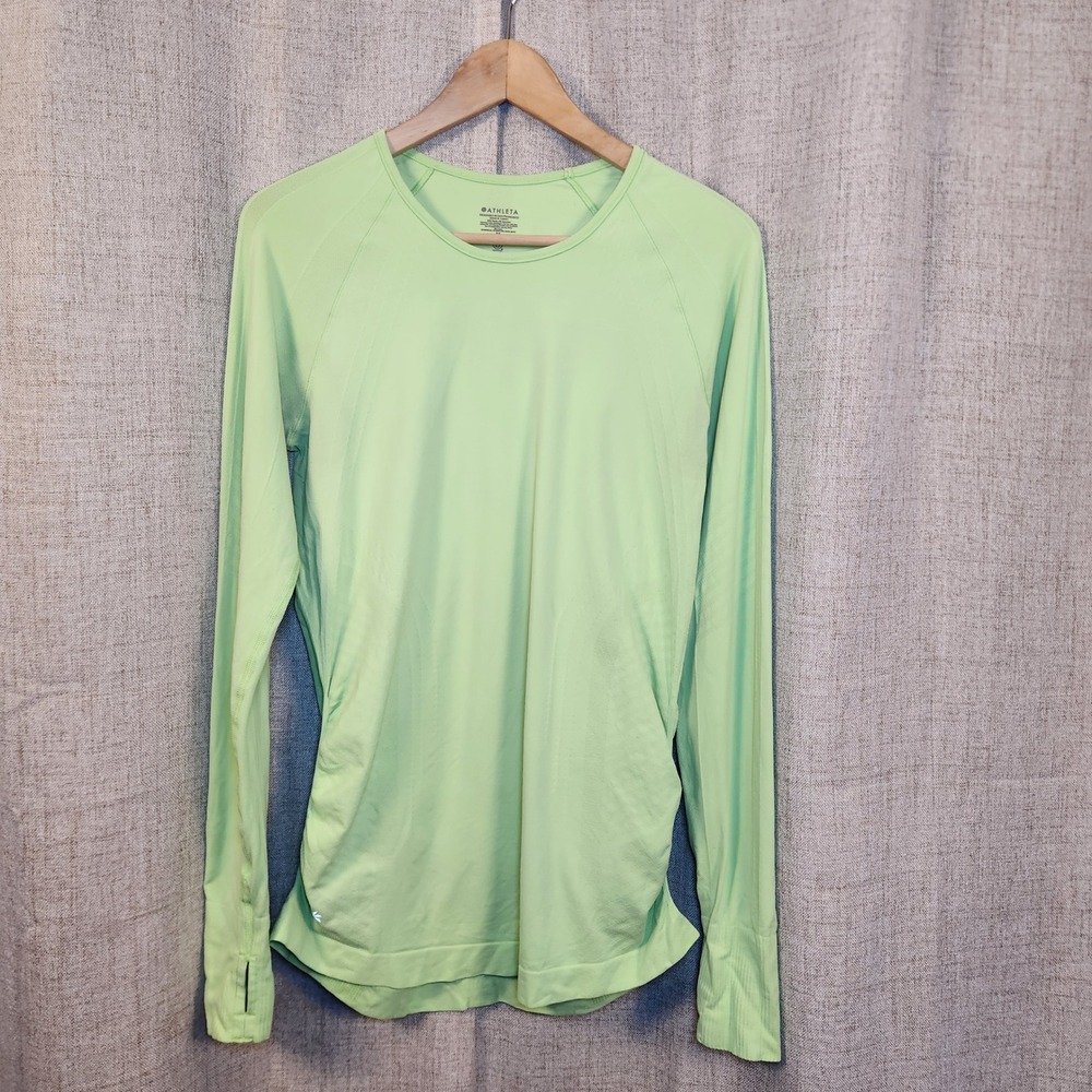 Athleta Momentum Long Sleeve Top Women's M Lime Green Ruched Seamless Thumbholes